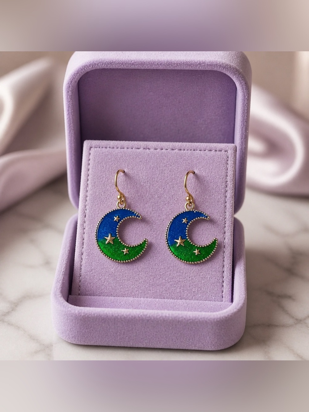 Gold Moon Star Drop Earrings in Blue & Green - hypoallergenic hooks